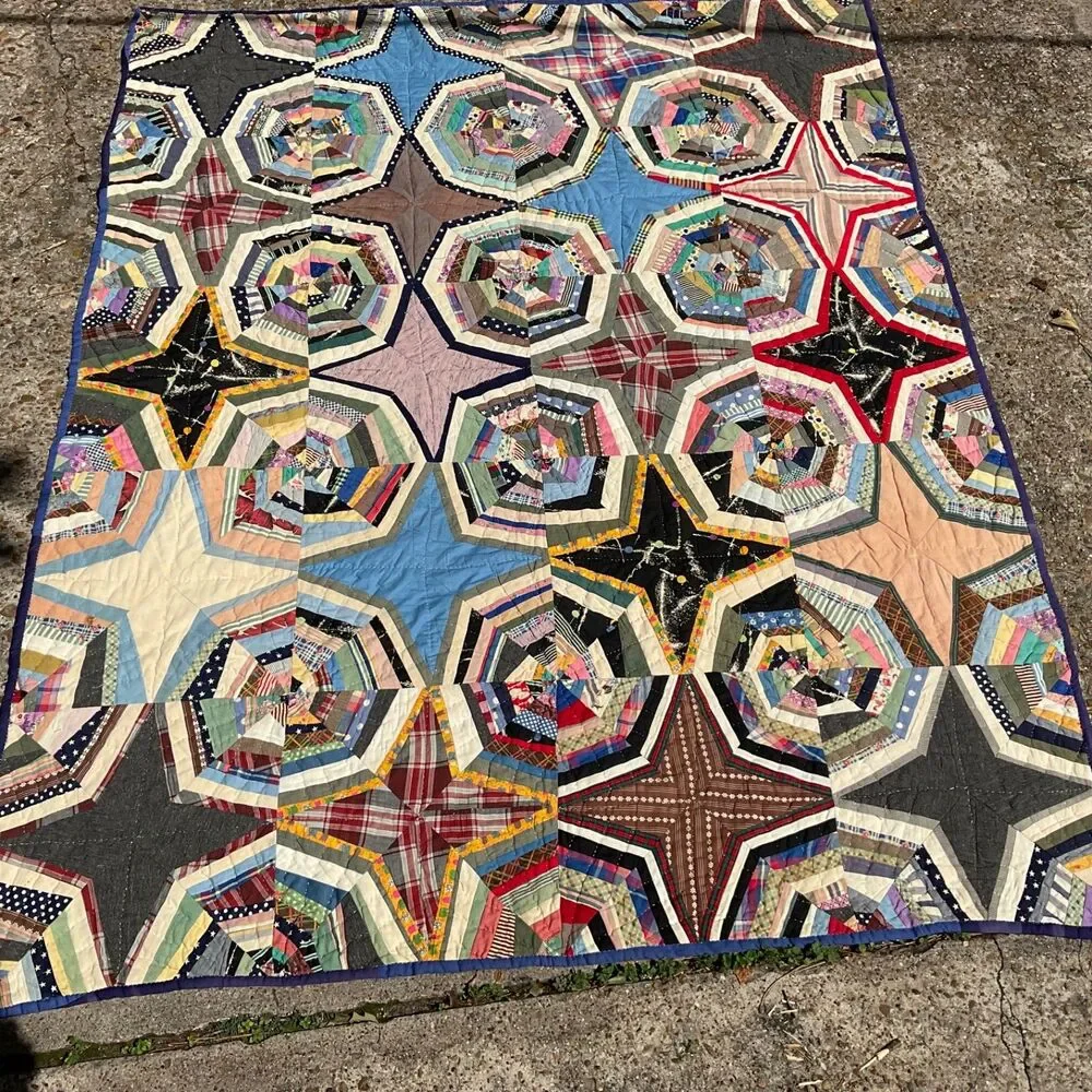 Vintage QUILT  Spider Web Octagon Blocks Boho Prints van life Hand Stitch 82x 65